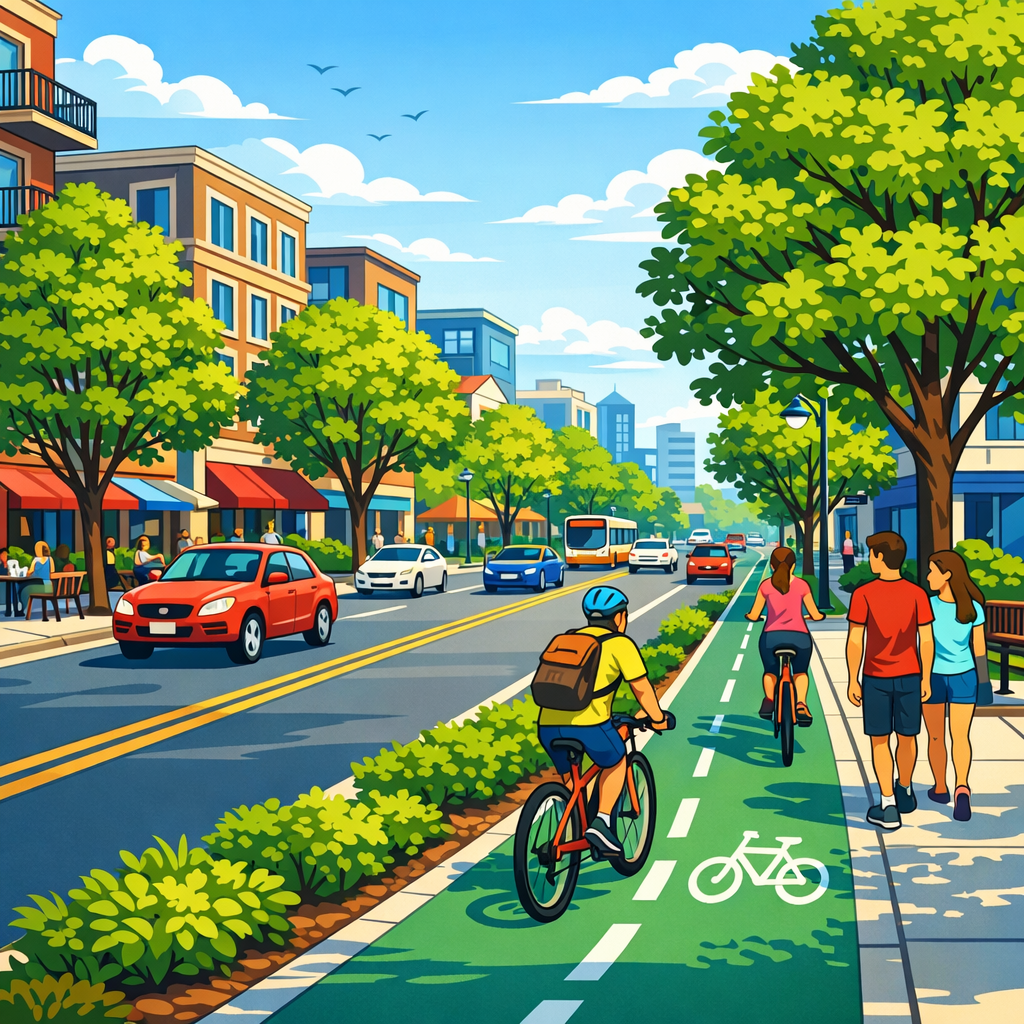 Illustrated tree-lined neighbourhood with people walking, cycling and enjoying local shops