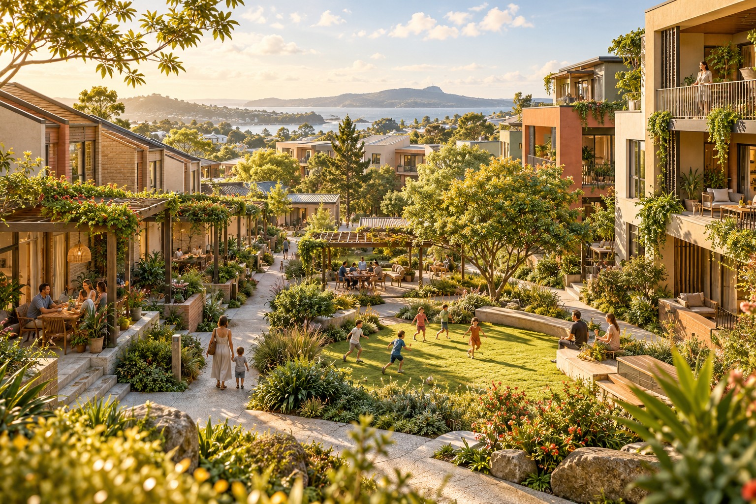 Illustrative residential neighbourhood around a green shared courtyard with people enjoying the gardens