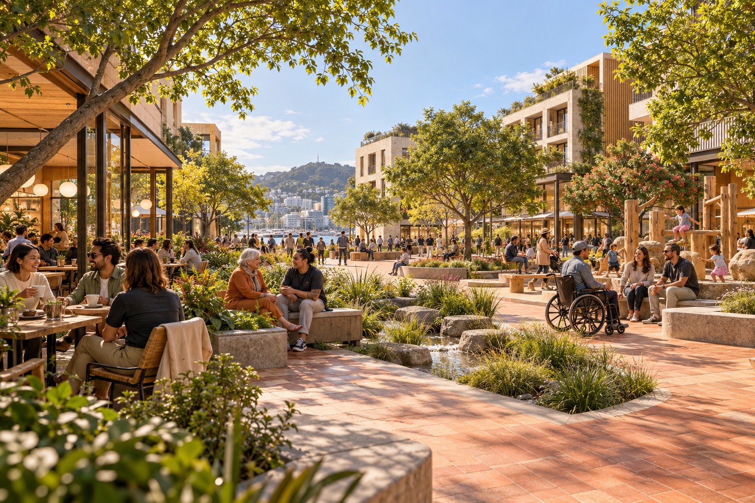 Illustrative civic square with leafy trees, cafe seating and an accessible shared public space