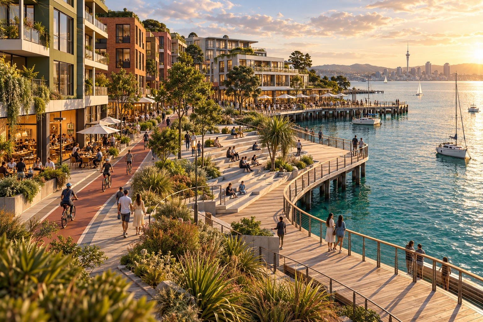 Illustrative waterfront with a harbour boardwalk, planting and lively mixed-use buildings